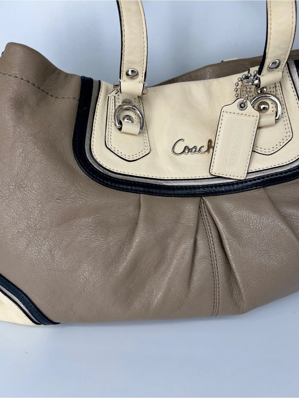 Coach Two-Tone Taupe & Cream Shoulder Bag with Black Trim